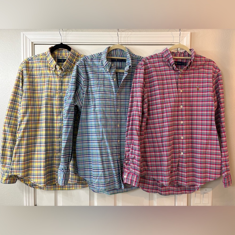Ralph Lauren Men Large Button Up Long Sleeve Plaid Shirts Set 3 Pink Yellow Blue